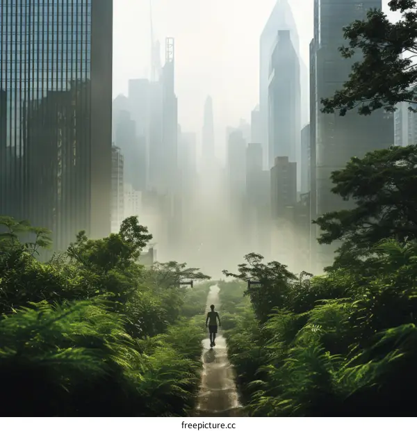 Solitary Figure Walking Through a Lush City Park