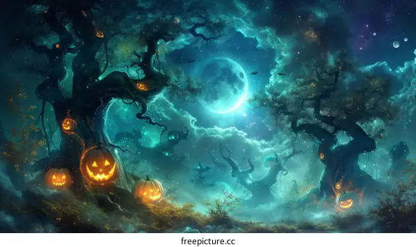 Mystical Forest at Night with Haunted Trees and Glowing Pumpkins