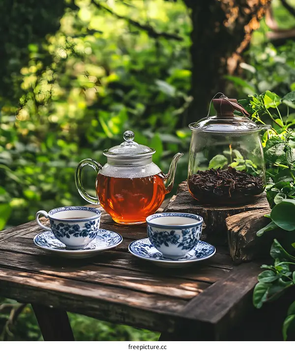 Tea Time in Nature with Glass Teapot and Cups