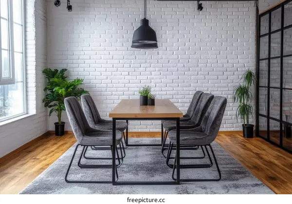 Modern Dining Room with White Brick Wall