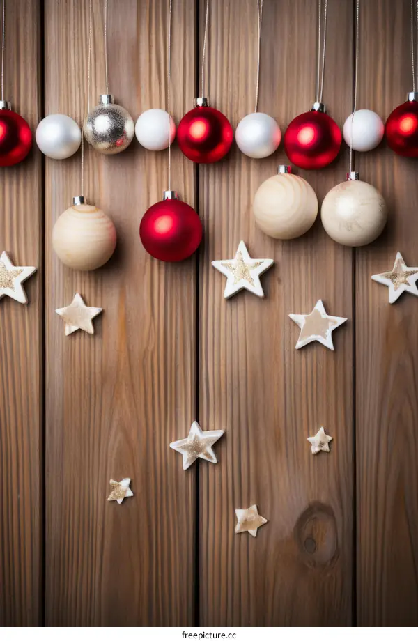 Red, white and gold Christmas ornaments hanging on a wooden background