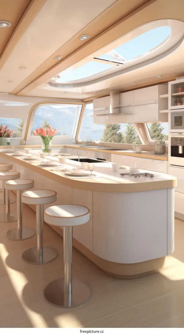 Modern kitchen interior with large windows and a beautiful view of the mountains and lake