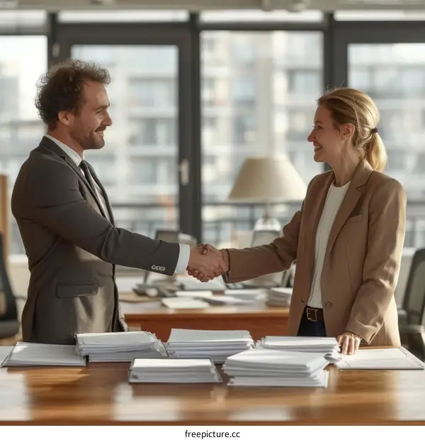 Business handshake agreement between a man and a woman