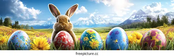 Easter Bunny with Decorated Eggs in a Meadow