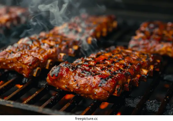 A delicious rack of BBQ pork ribs cooking on the grill