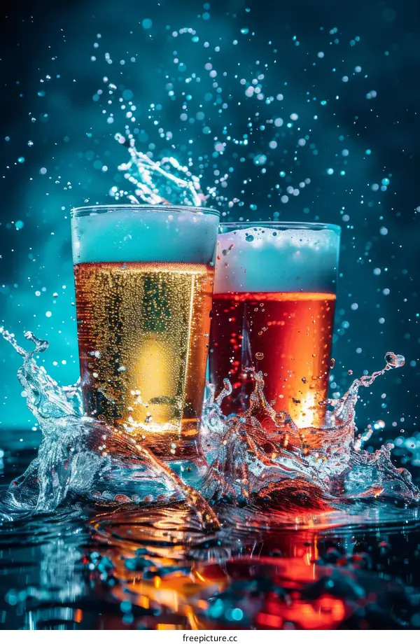 Beer glasses with splashing water
