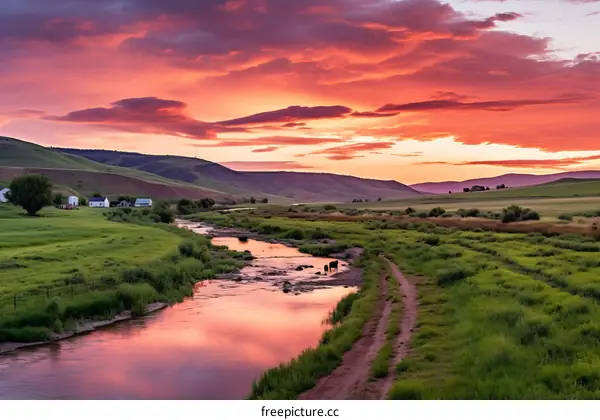 Sunset grazing cows in a green field