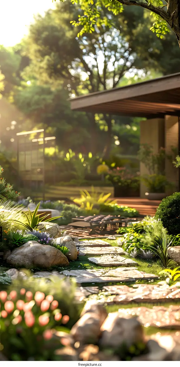 Courtyard with stone path and lush greenery