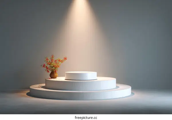 Minimalist White Product Display Stage with Floral Arrangement