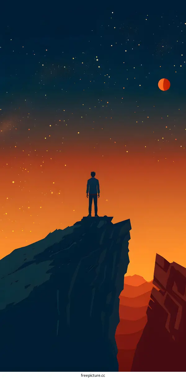 Silhouette of Man Standing on Cliff Top with Starry Sky