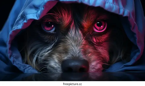 A dog wearing a blue hood with glowing red eyes