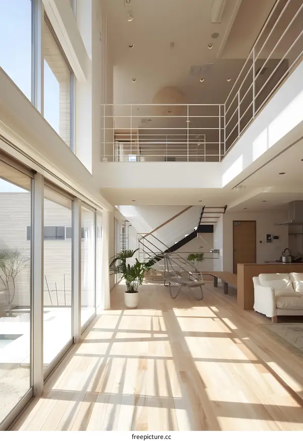 Modern Open Concept House Interior With Wooden Floors and Large Windows