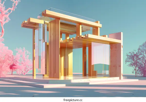 Modern Architecture Wooden House With Glass Walls and Pink Trees