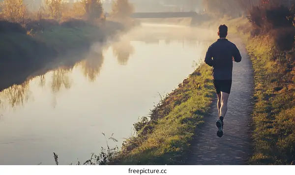 Man Running by River in Foggy Morning
