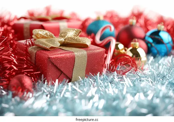 Red and blue Christmas ornaments and tinsel