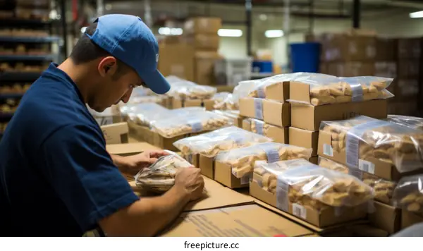 Hispanic man inspecting food packages in a warehouse