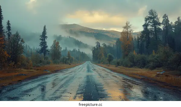 Foggy mountain road through the forest