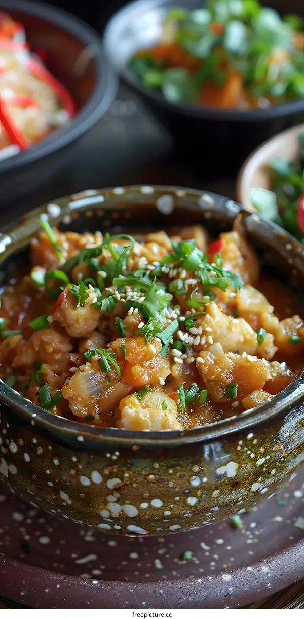 Spicy chicken stew with vegetables and sesame seeds