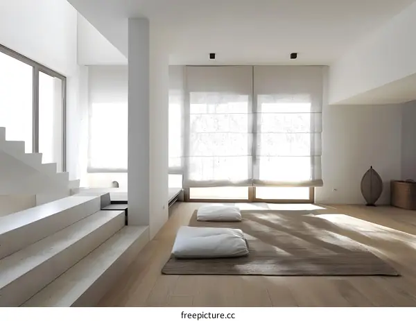 Minimalist Living Room Interior Design with White Pillows and a Wooden Floor