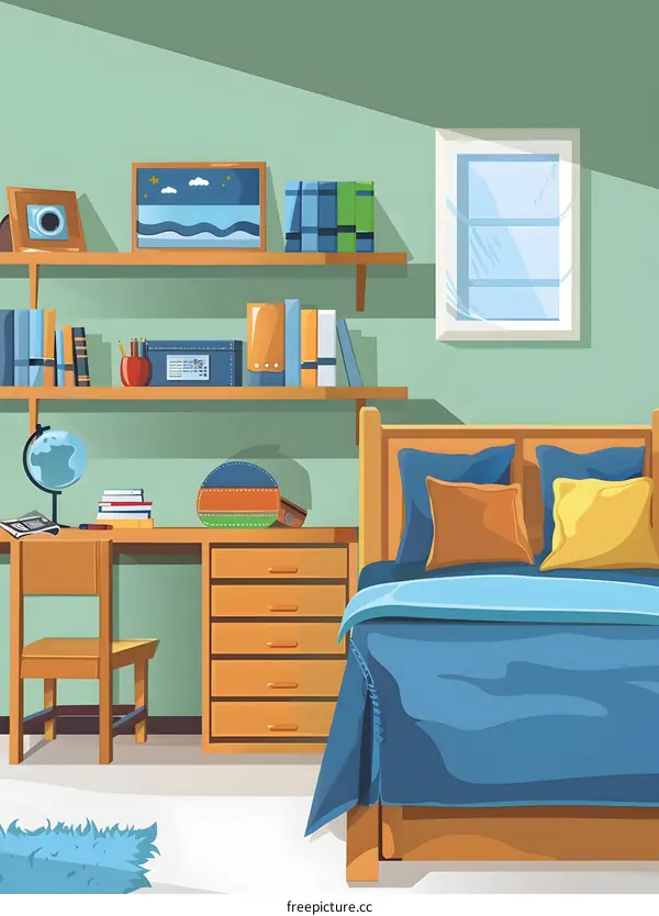 Cartoon Illustration of a Bedroom with Bed and Desk