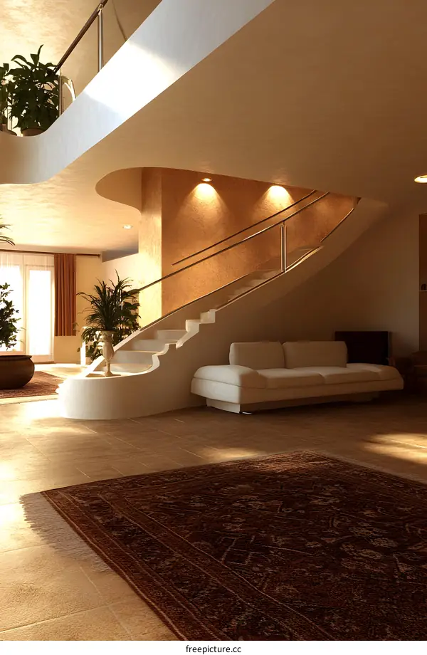 Modern Home Interior Design with Curved Staircase and White Sofa