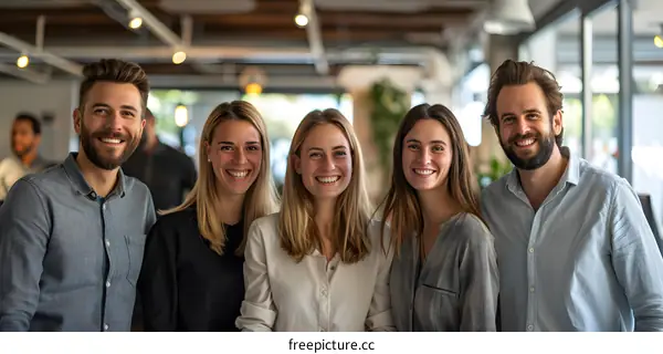 portrait of five business people smiling in an office
