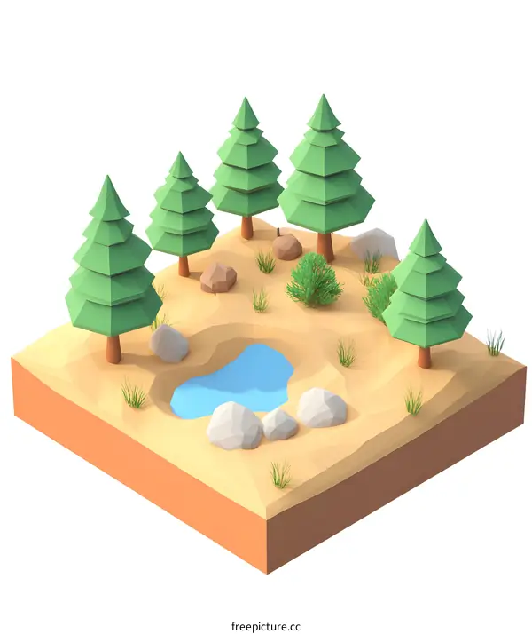 Low Poly Illustration of a Forest Scene with Trees, Grass, and a Pond