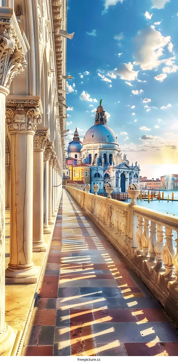 Venetian Architecture with Stone Columns and a View of the City