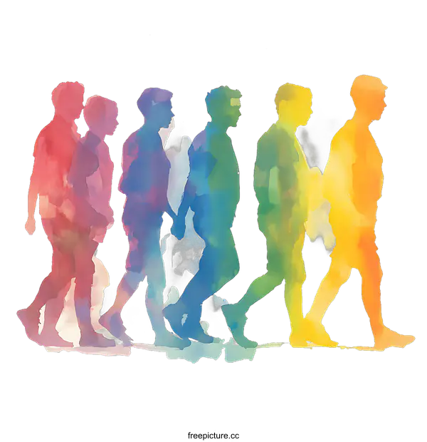 [Transparent Background PNG]Watercolor Illustration Of Seven Men Walking In Rainbow Colors