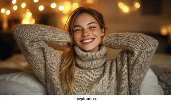 Smiling Woman in a Cozy Knitted Sweater