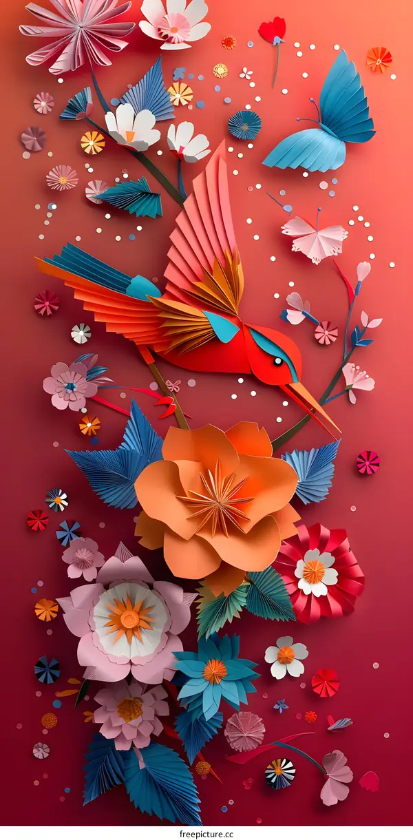Papercraft Flowers and Hummingbird on Red Background