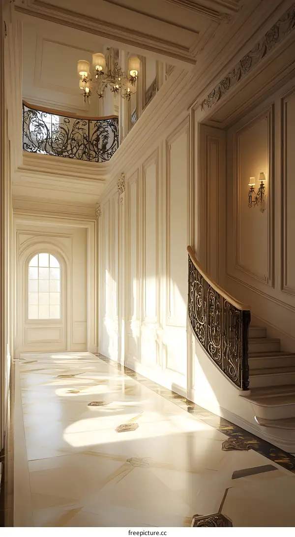 Elegant White Hallway with Chandelier and Staircase