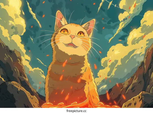 Cat Standing in Molten Lava, Looking Up at the Sky