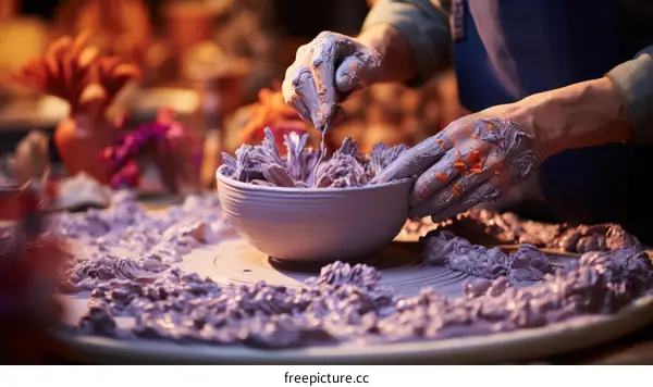 A potter carefully molds a bowl out of clay on a pottery wheel