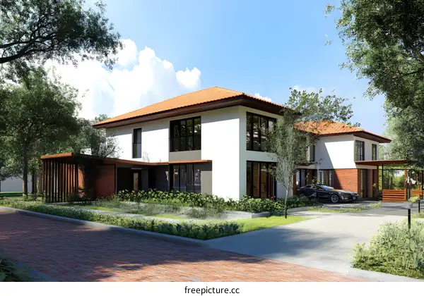 Modern White House with Red Tile Roof and Lush Green Landscaping