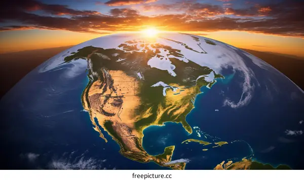 North America from space showing the curvature of the Earth with the Sun rising over the horizon
