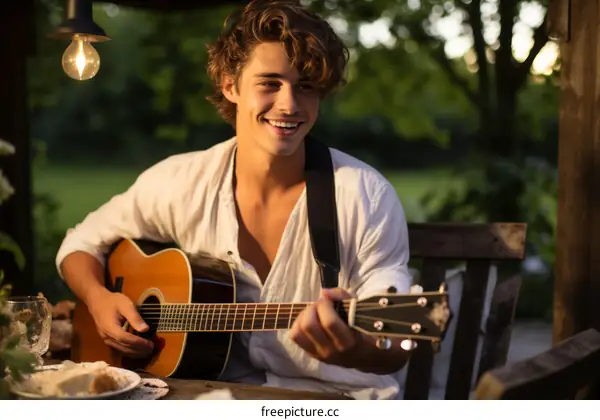 Young man playing guitar and singing in the garden