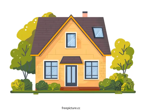 Cartoon Illustration of a Yellow Brick House with a Brown Roof and Trees