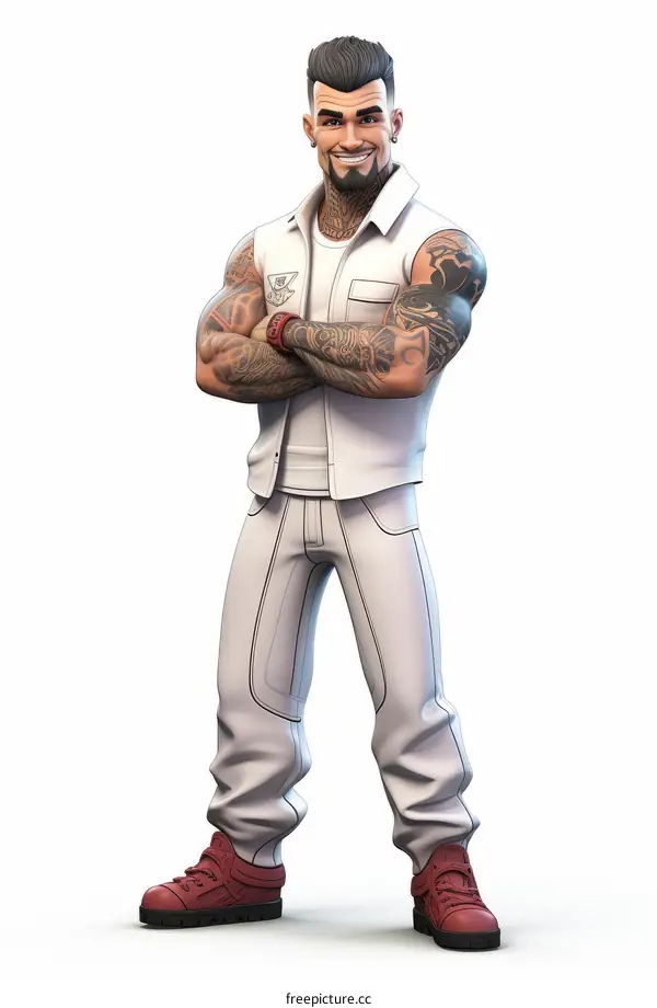 A male character with tattoos on his arms and a white vest