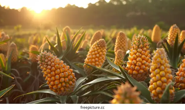 Close-up of a pineapple field with ripe pineapples