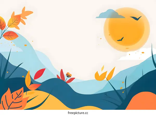 Autumn Landscape Illustration With Sun And Birds