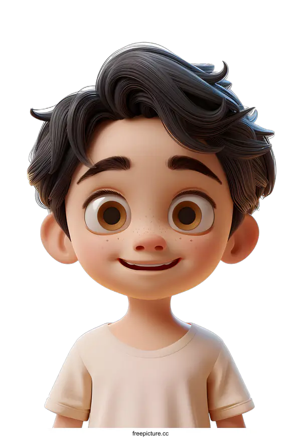 [Transparent Background PNG]3D rendering of a cute cartoon boy with brown hair and brown eyes