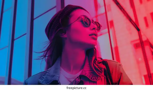 Woman in Neon Lights Looking Up