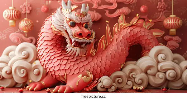 Pink Dragon with Clouds and Lanterns in 3D