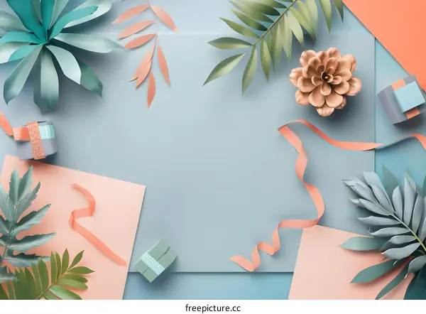 Flat Lay Composition with Pastel Colors and Green Leaves