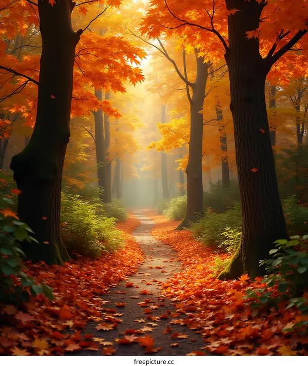 Autumn Path In Forest With Golden Sunlight