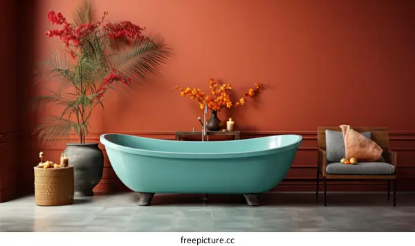 Blue Bathtub in a Vibrant Bathroom with Red Walls and Brown Chair