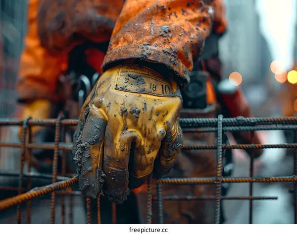 Construction worker wearing protective gloves at a construction site