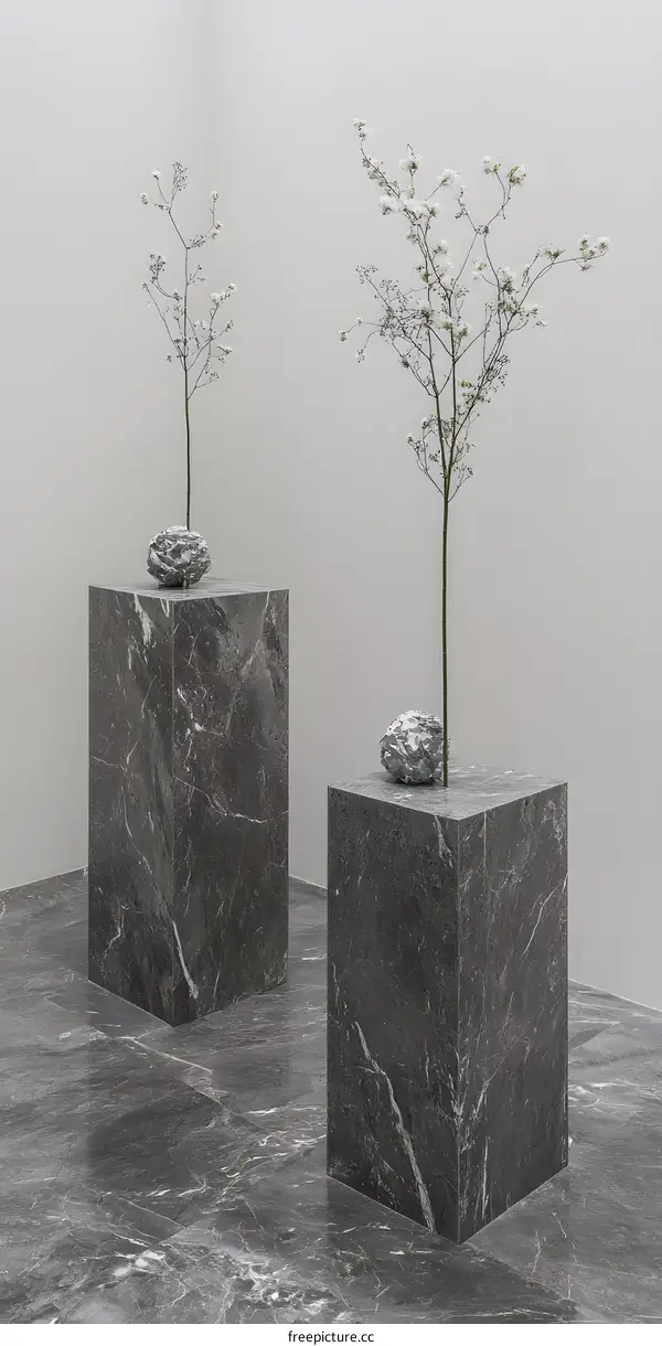 Minimalist Interior Design with Two White Flowers on Marble Pedestals
