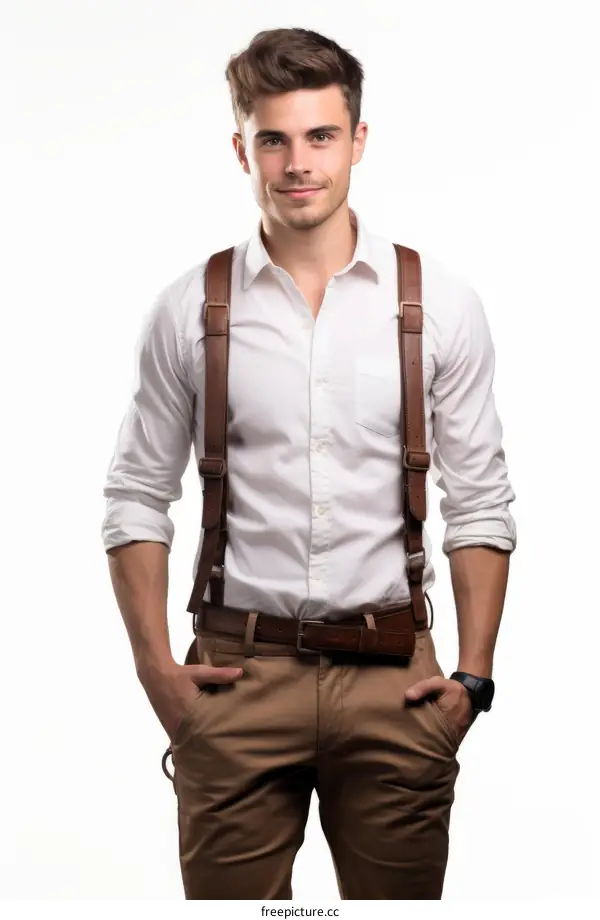 Studio portrait of a young man wearing suspenders